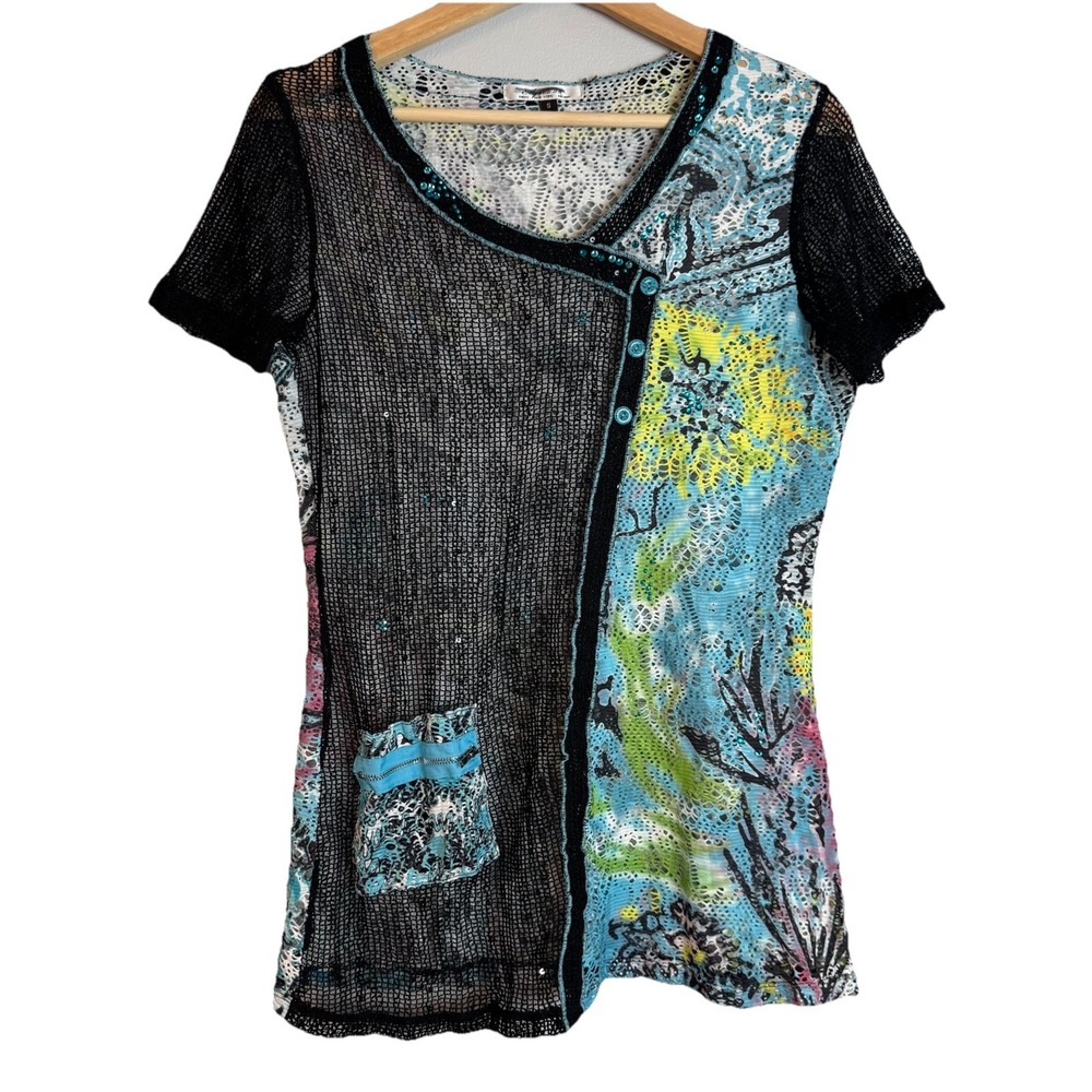 Y2K Sheer Mesh Top Black‎ Abstract Crochet Zipper Pocket Emo Punk Small